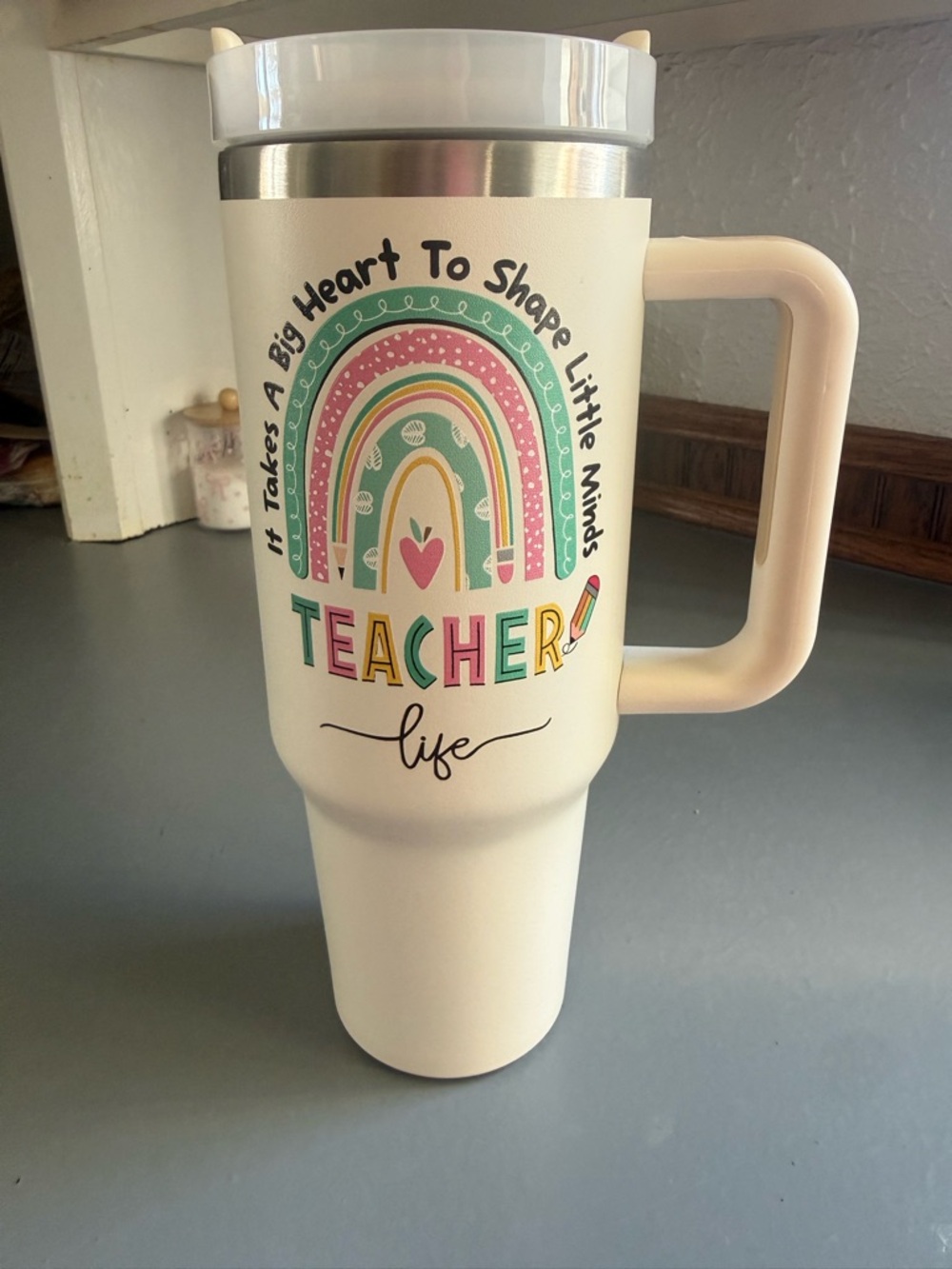 Teacher Life Insulated Travel Mug - Pastel Rainbow Design